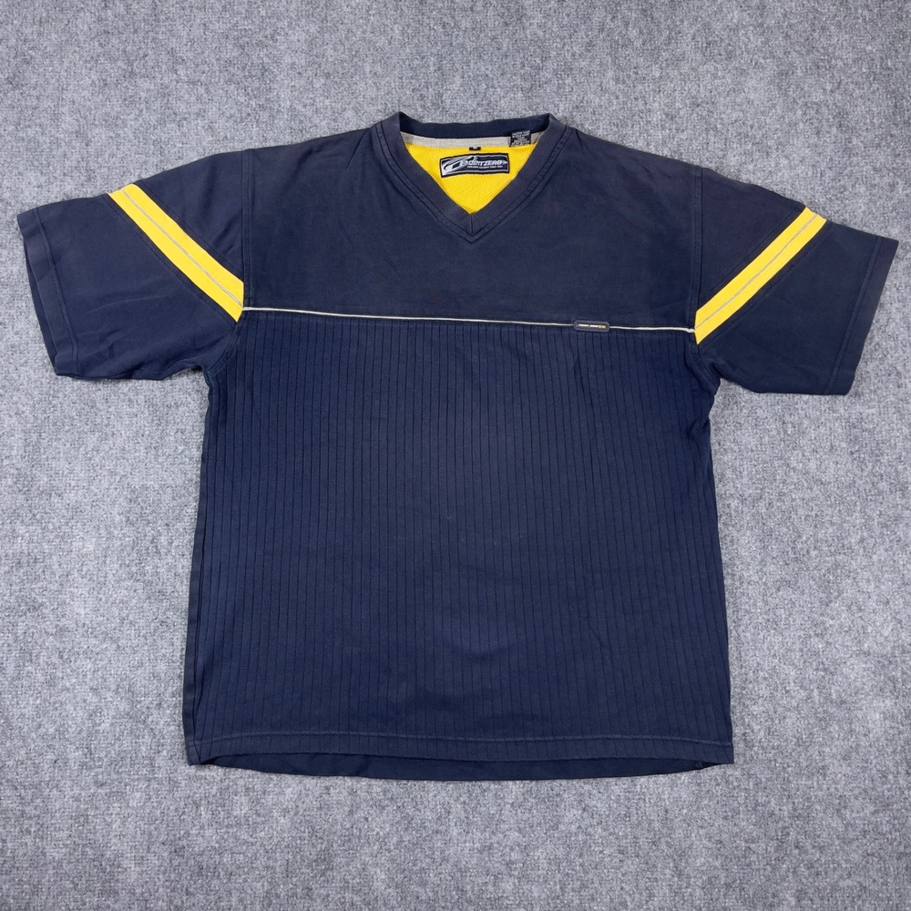 Y2K Point Zero Shirt Mens Medium Blue Yellow Stripe Ribbed V-Neck Short Sleeve